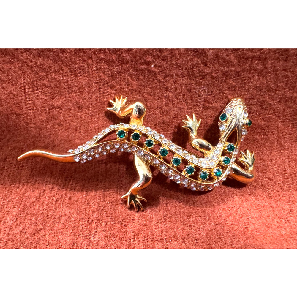 Vintage Gold Plated Lizard Gecko Brooch Clear Green Rhinestones Sparkly 2.75"